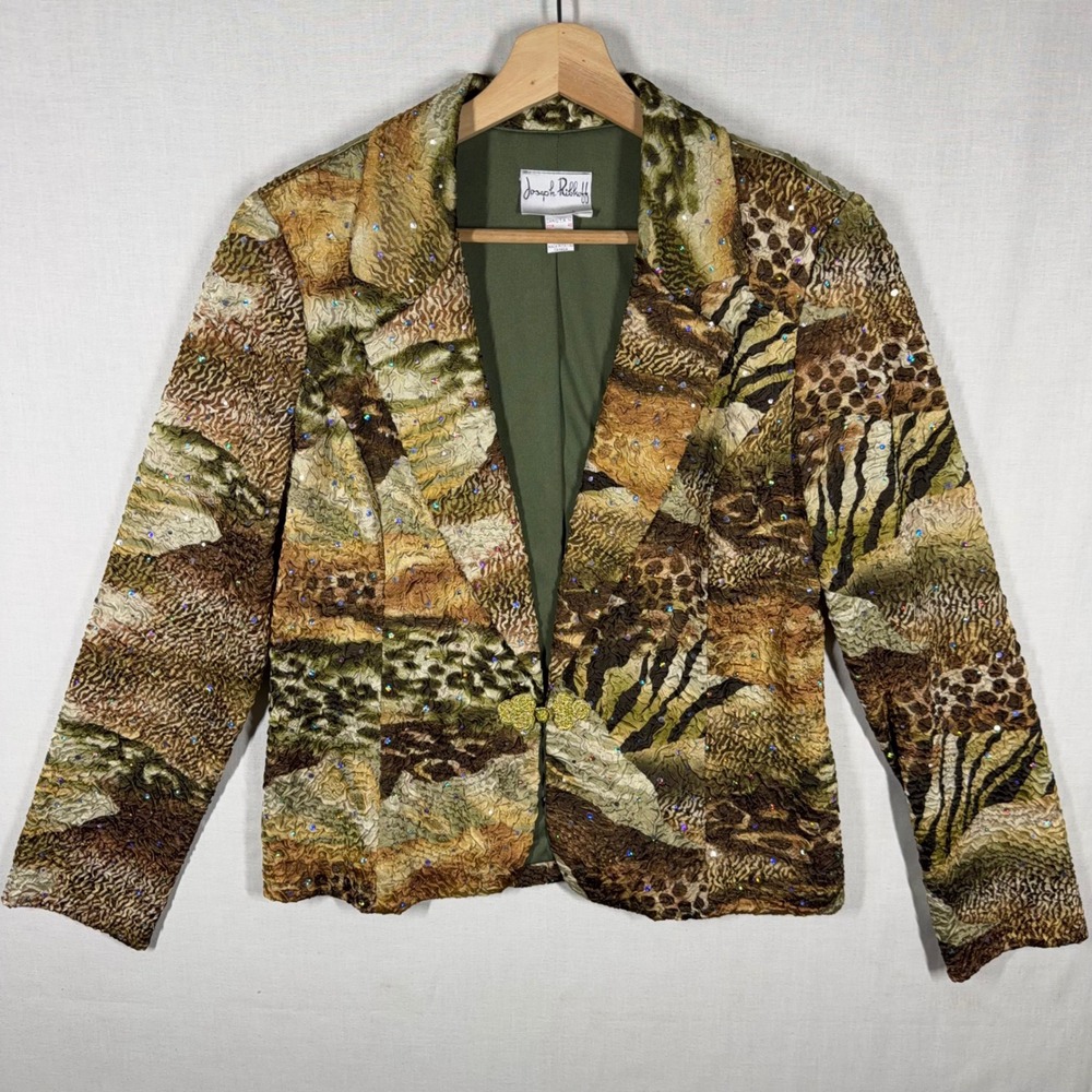 Vintage Animal Print Jacket Womens 12 Maximalist Crinkle Blazer Joseph Ribkoff